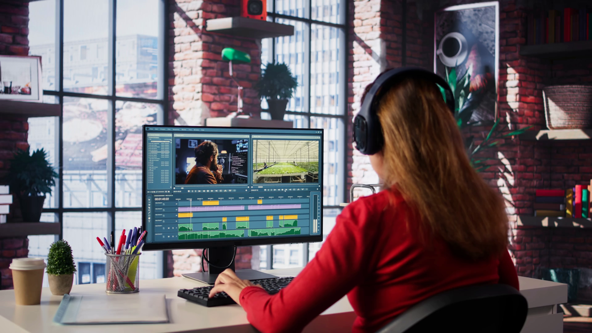 Woman Video Creator Working On Editing Movie Stock Footage SBV ...