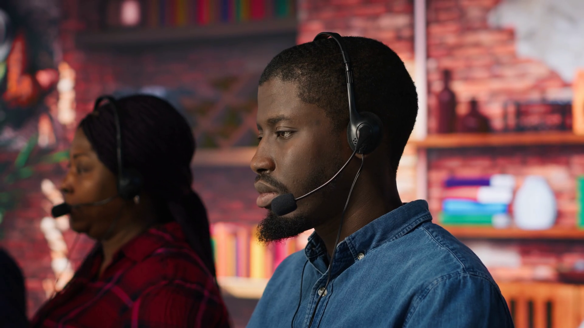 Call Center Staff Members Wearing Headphones Stock Footage SBV ...
