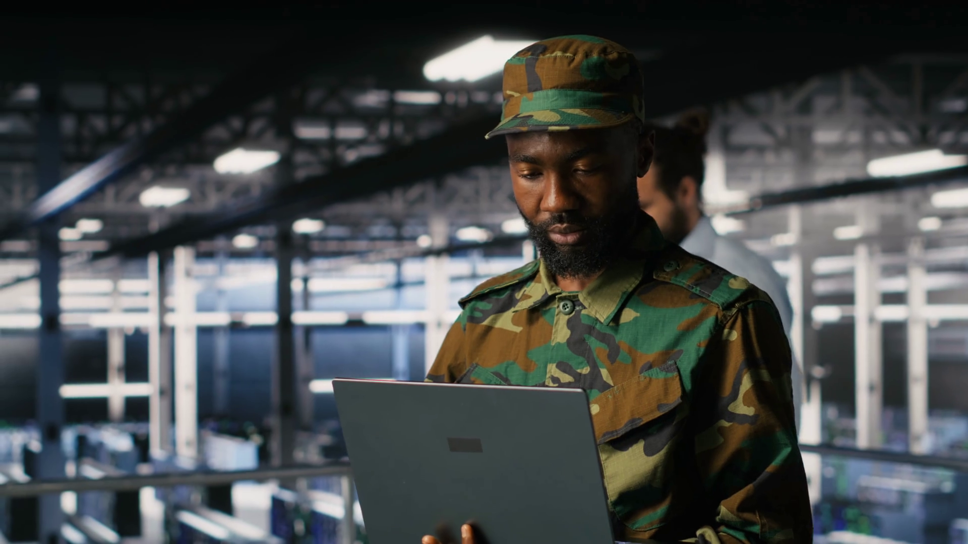 Army Specialist In Data Center Using Laptop Stock Footage SBV-352235403 ...