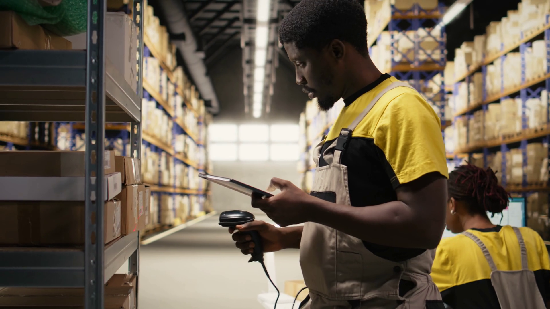 Black Staff Member Using Barcode Scanner To Stock Footage SBV-352708376 ...