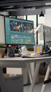 Vertical Video Nobody in agency office, montage editing software, streaming platform, on dual monitors, creative agency working on cutting