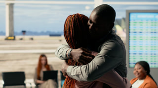 African american daughter and father hugging before boarding plane and departure, single parent saying goodbye to child traveling alone