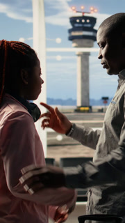 Vertical Video Single parent saying goodbye and embracing his teenage girl at airport departures, daughter first time traveling alone. Black
