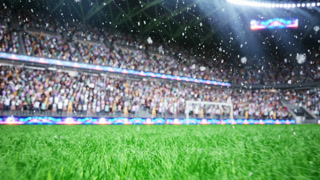 Animation of snowflakes falling over frozen football pitch with stadium audience in background cheering. 3D rendered close up of soccer