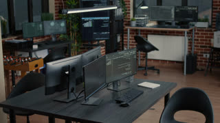Empty IT agency workstation multiple monitors processing programming code and data algorithms, connecting cloud computing, network systems