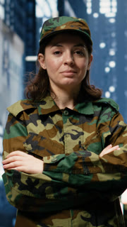 Vertical video Female soldier standing with crossed arms on downtown city street outdoors. Woman wearing camouflage uniform poses against