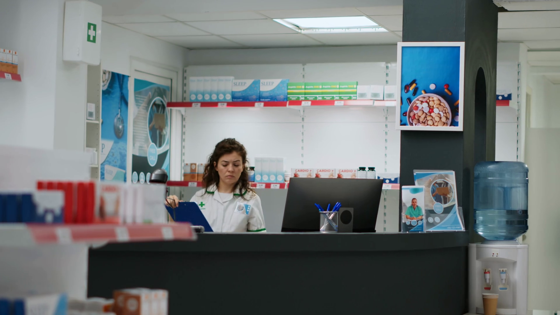 Medical worker scanning pharmaceutics to female client, woman buying