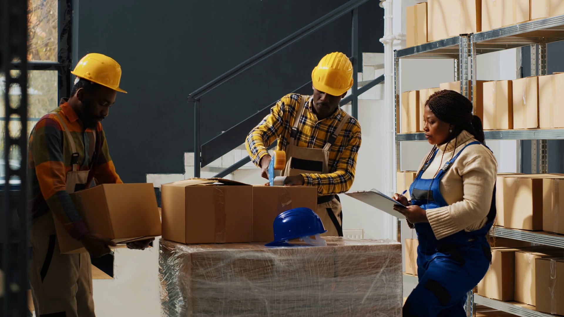 Two Workers Stacking Boxes Working On Stock Footage SBV-347454116 ...