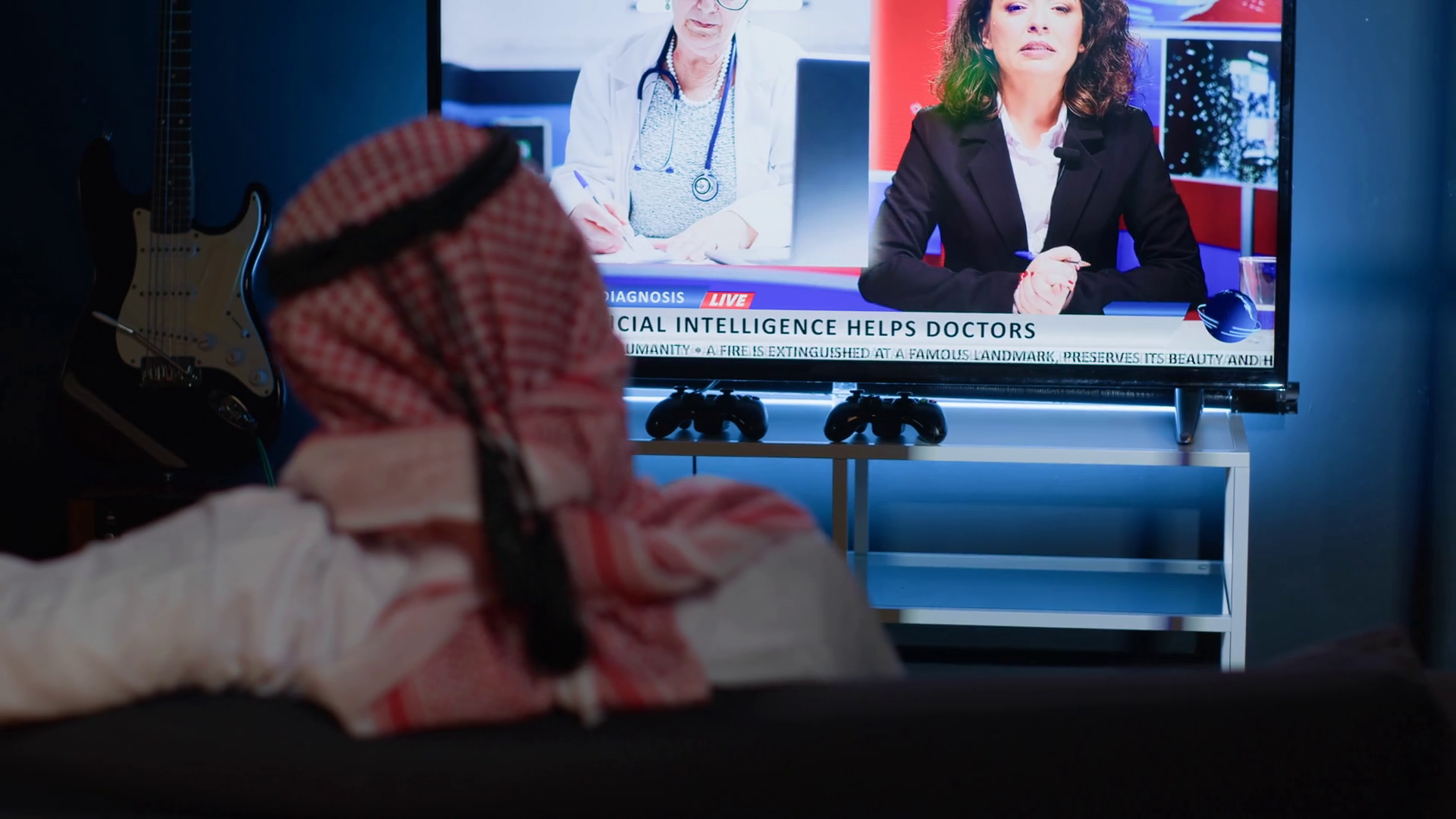 Arab Man Watching News Broadcast About Ai Stock Footage SBV348647815