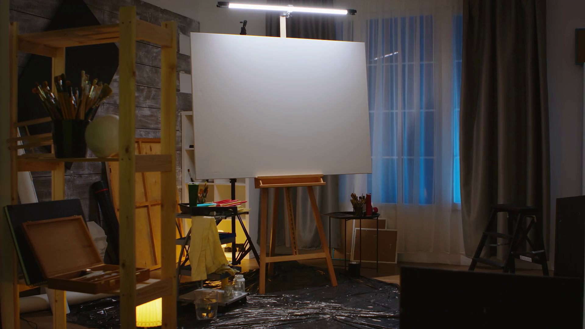 Blank Canvas On Wooden Easel In Empty Art Stock Footage SBV338538801