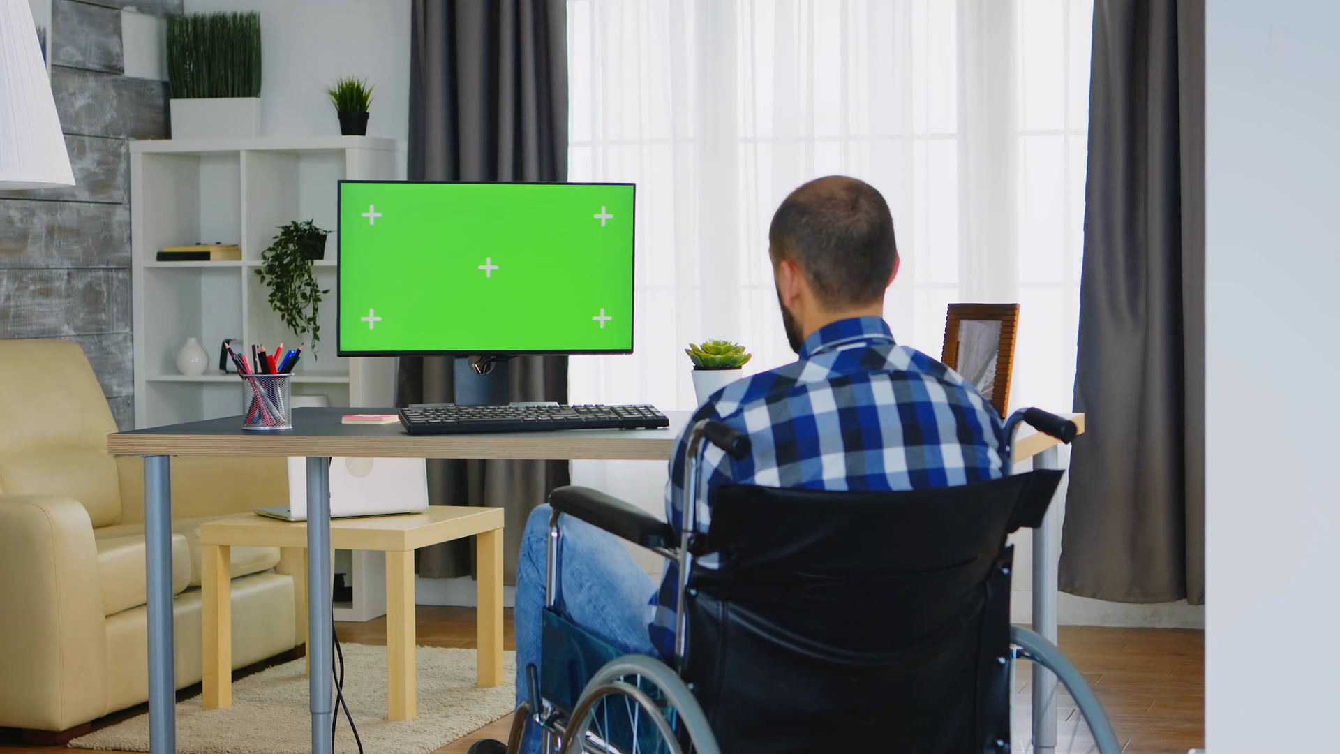 Disabled Man In Wheelchair Working On Stock Footage SBV338531503