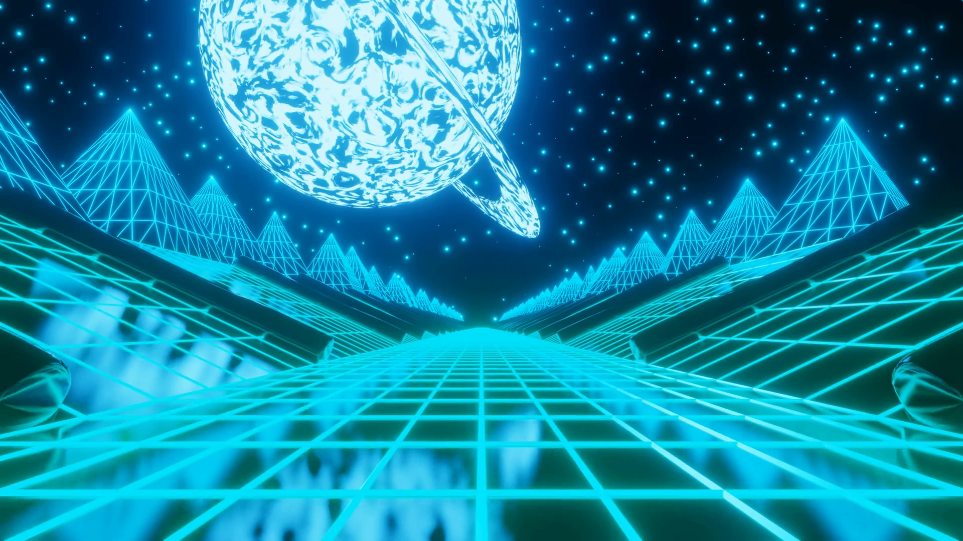 Synthwave sci fi landscape in seamless loop. 3D render animation. 80s