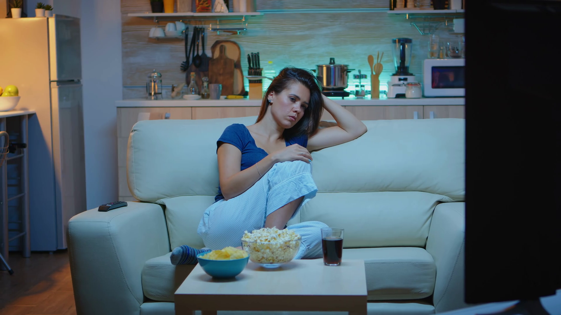 Sleeping Woman In Pajamas Watching Tv On Stock Footage SBV338727689