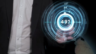 Businessman touching a virtual screen with holographic interface. Ai