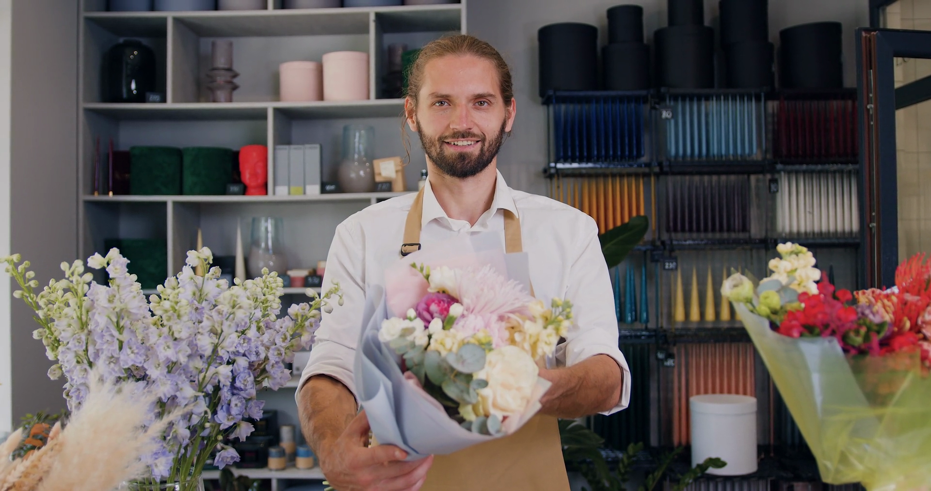 Male Owner Selling Flowers Bouquets In Stock Footage SBV-352124009 ...