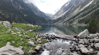 Aerial of a mountain lake, wilderness, nature, tourism, alpine lake.