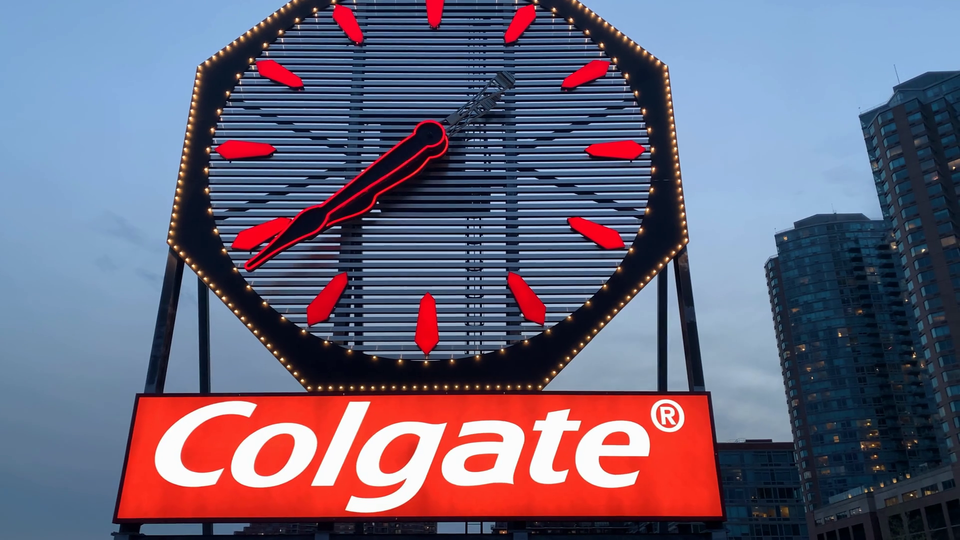 Dusk View Of Colgate Clock On The Mouth Of Stock Footage SBV338615632