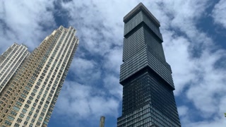 Low angle view of Jersey City Skyscrapers the URL Building and Trump Bay Street.