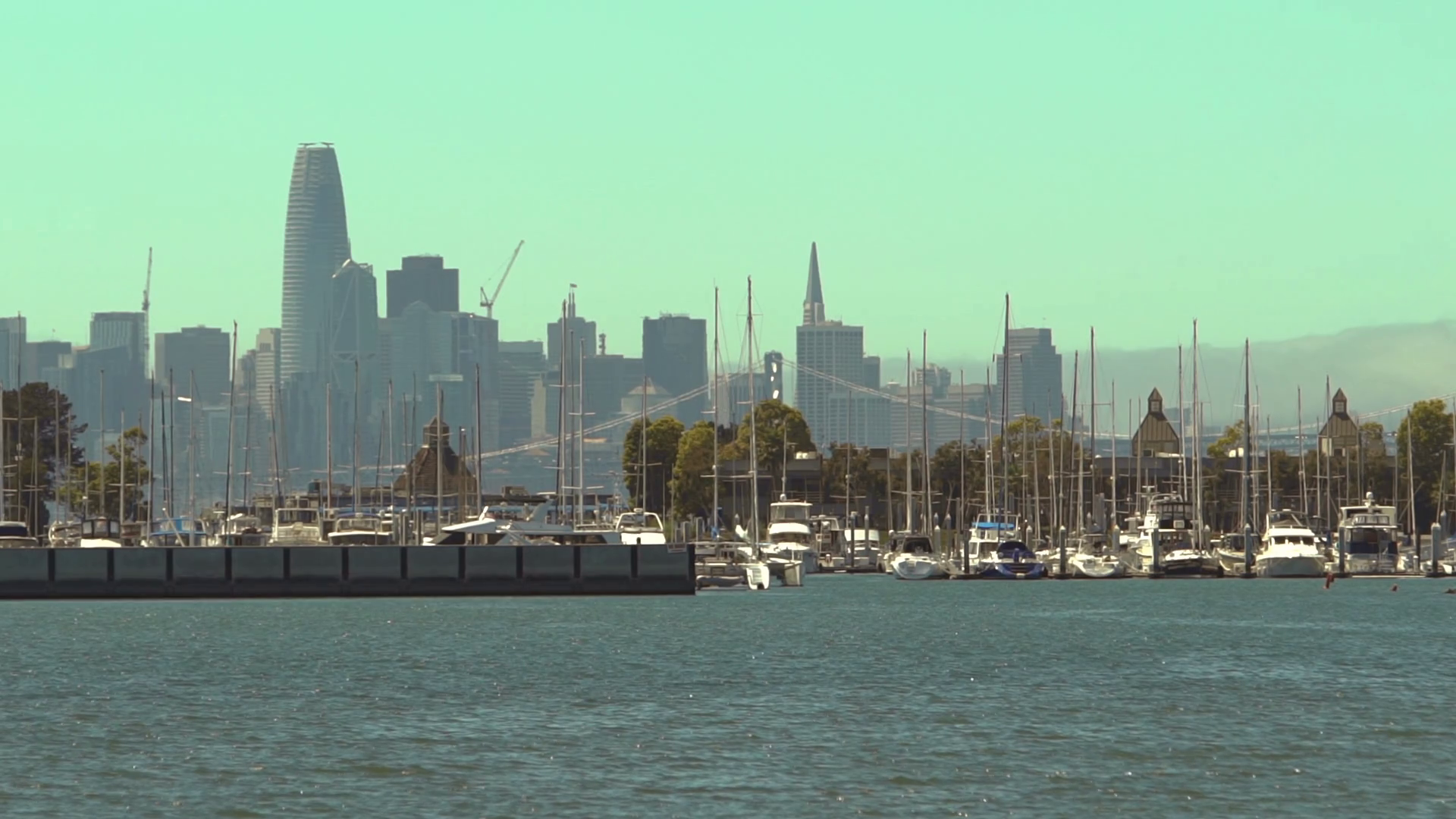 View of San Francisco Skyline from Oakland with Oakland docks in