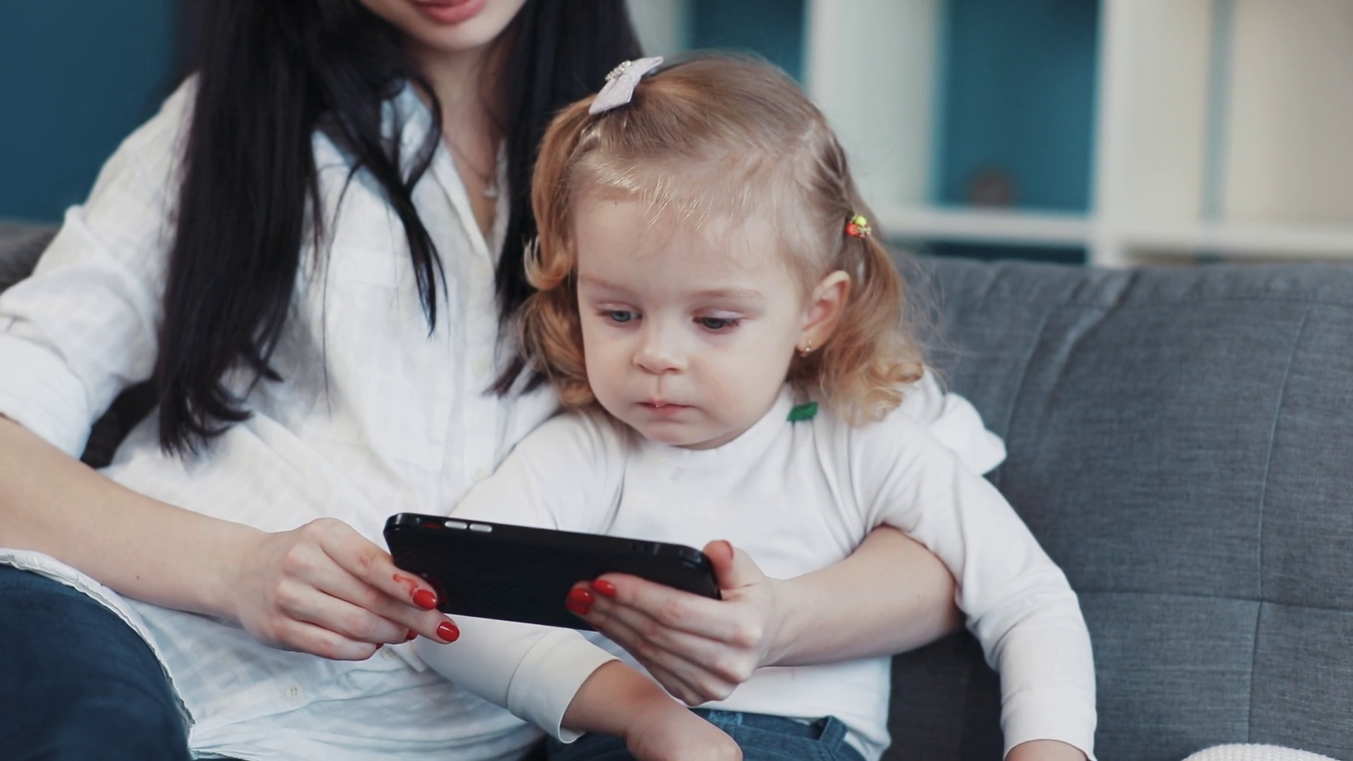 Mother Hug Daughter Use Phone Looking Stock Footage SBV-351917273 ...
