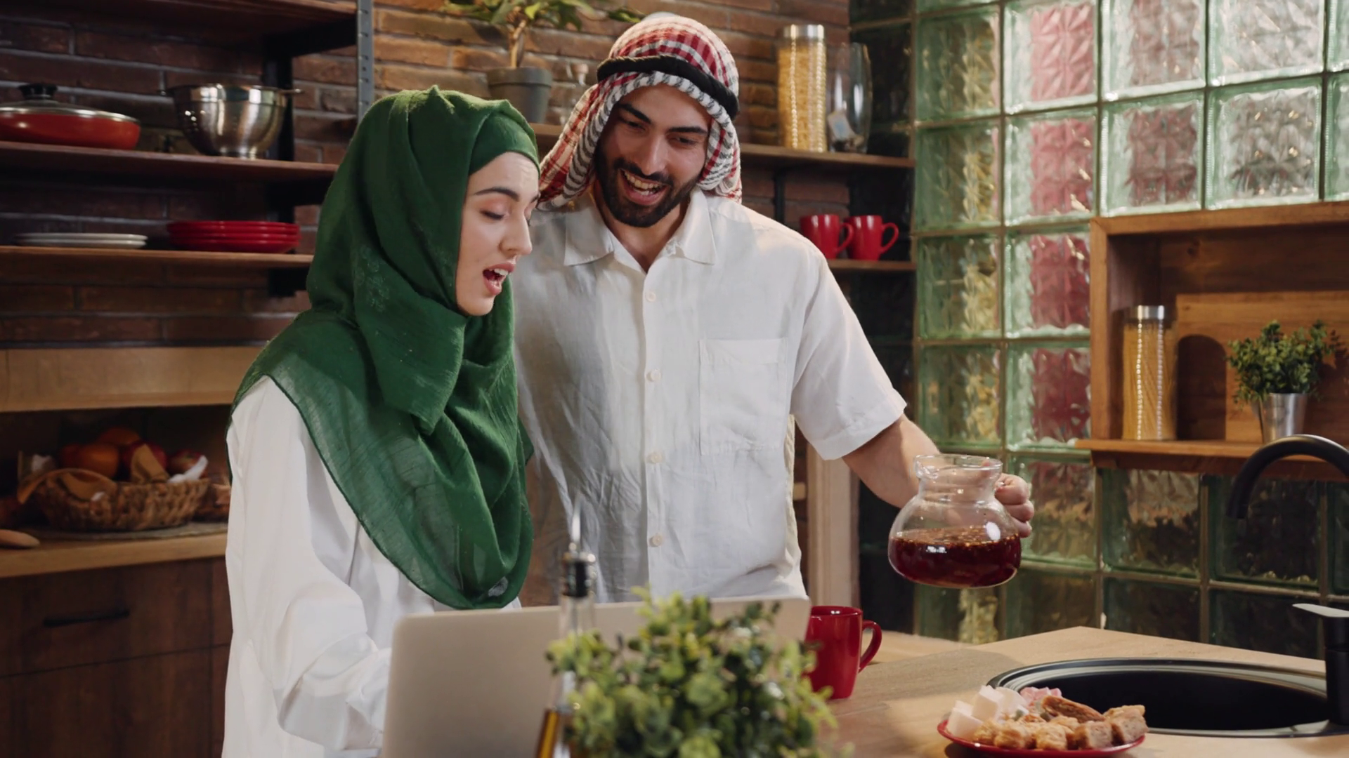 Happy Muslim Couple Use Laptop Cook Together Stock Footage SBV ...