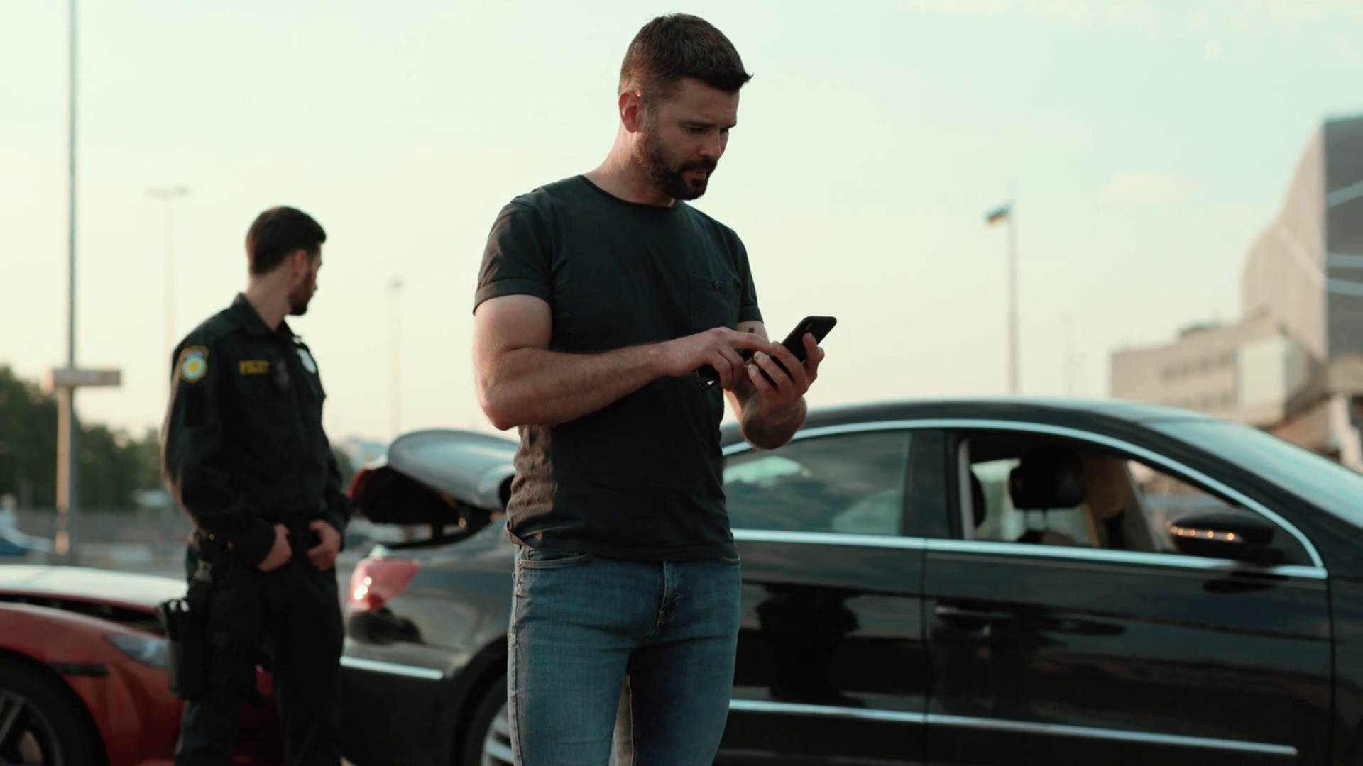 A Man Is Texting On Phone Police Officer Is Stock Footage SBV-352023729 ...