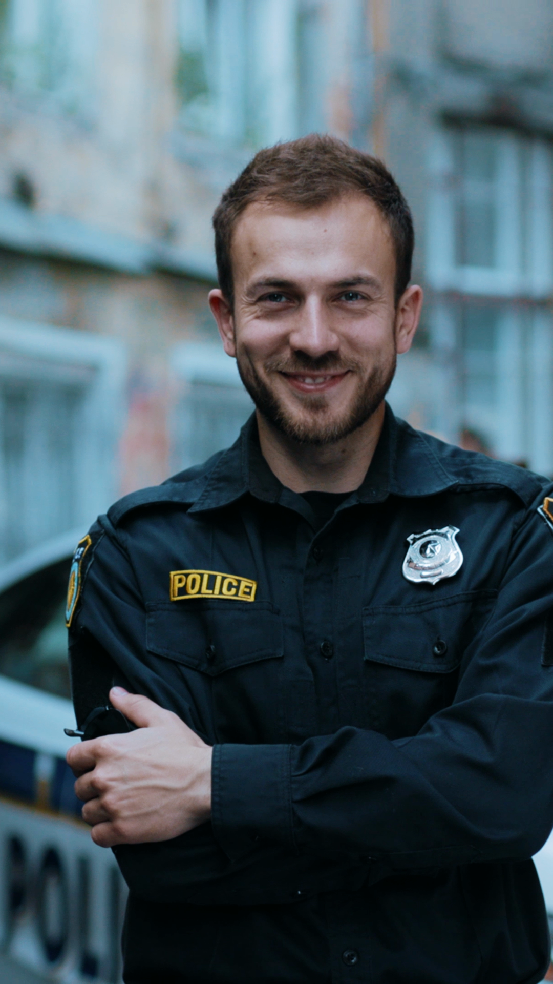 A Confident Police Officer Stands Police Car Stock Footage SBV ...