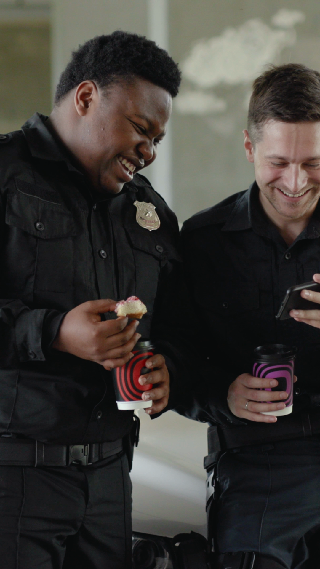 Two Police Officers Share Snacks Laughs Stock Footage SBV-353241551 ...