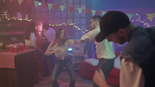 Vibrant loft hosts playful dance circle, Colorful loft scene with friends showing energetic dance moves