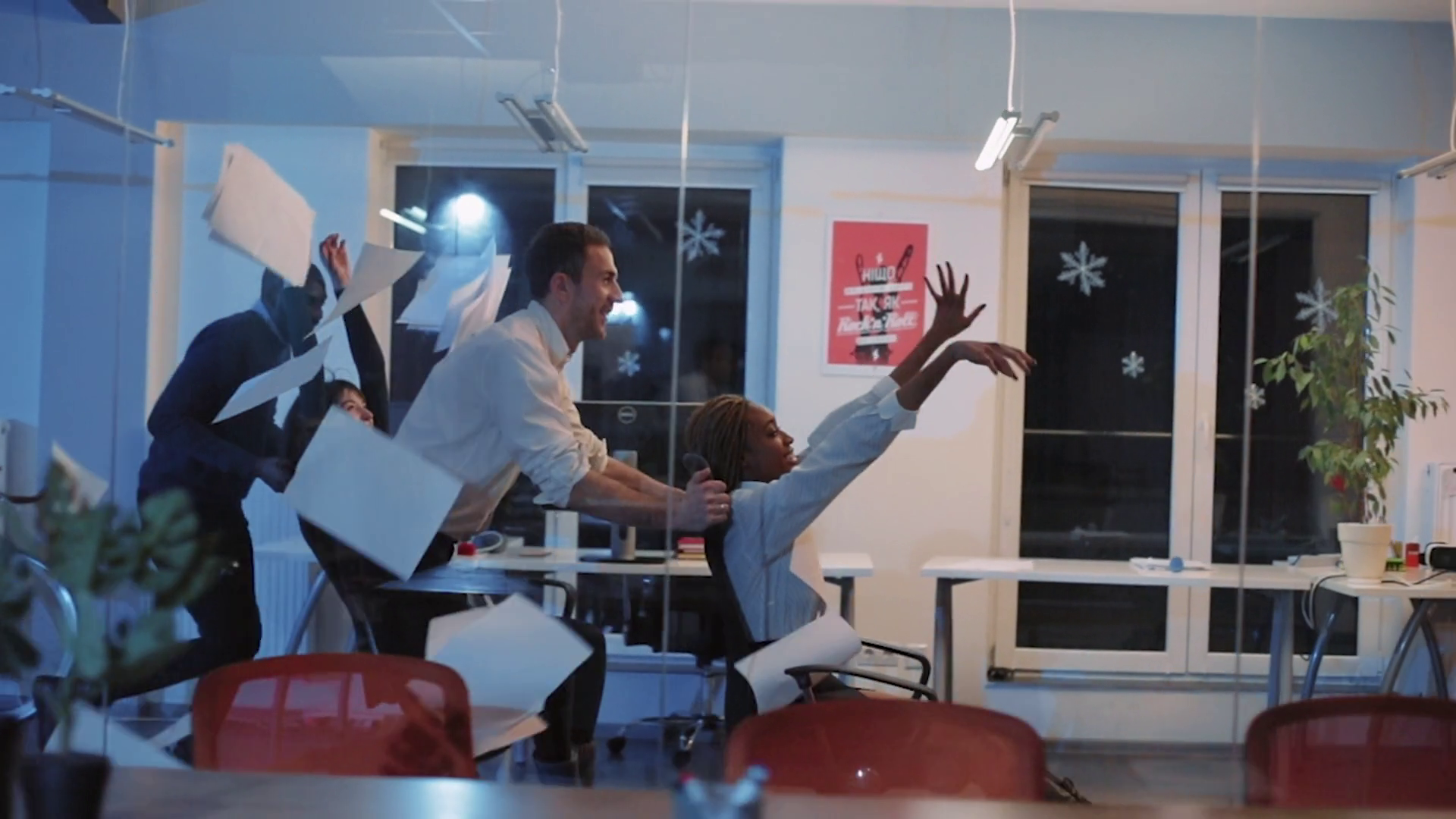 Multicultural Colleagues Riding On Chairs Stock Footage SBV-351834259 ...