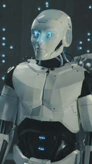 Android with blue glowing eyes, Serene futuristic android with luminous blue eyes in lowlit server chamber