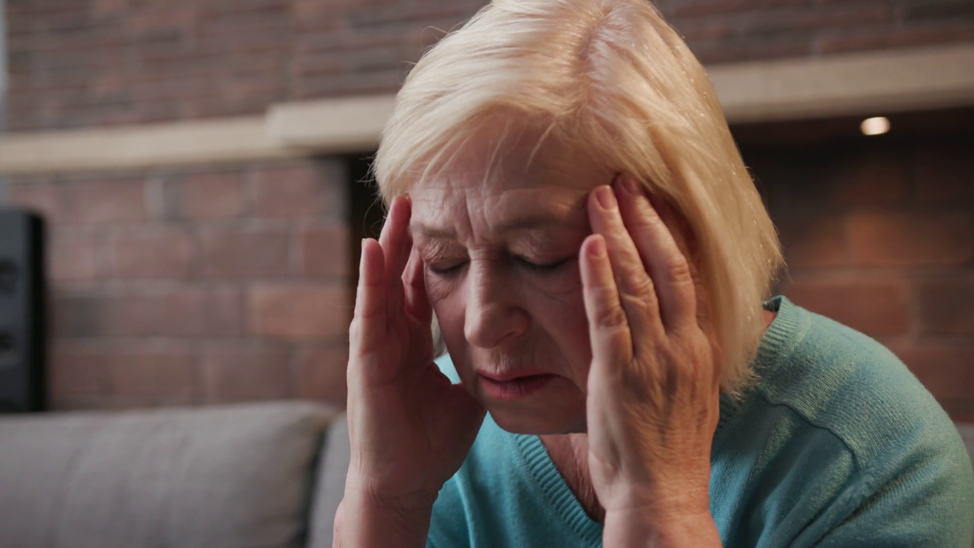 Old Woman With Headache Use Phone Sitting In Stock Footage SBV ...