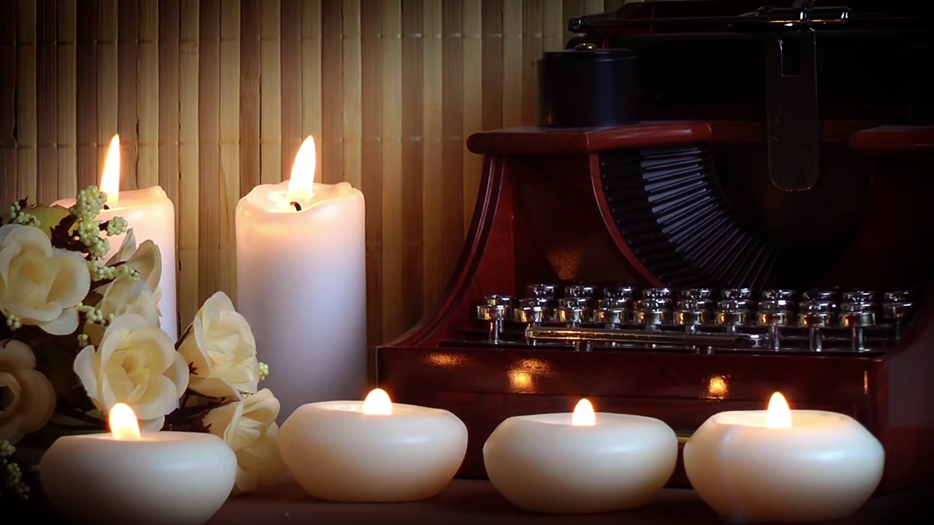 Typewriter Candles Flowers On Bamboo Stock Footage SBV306987023
