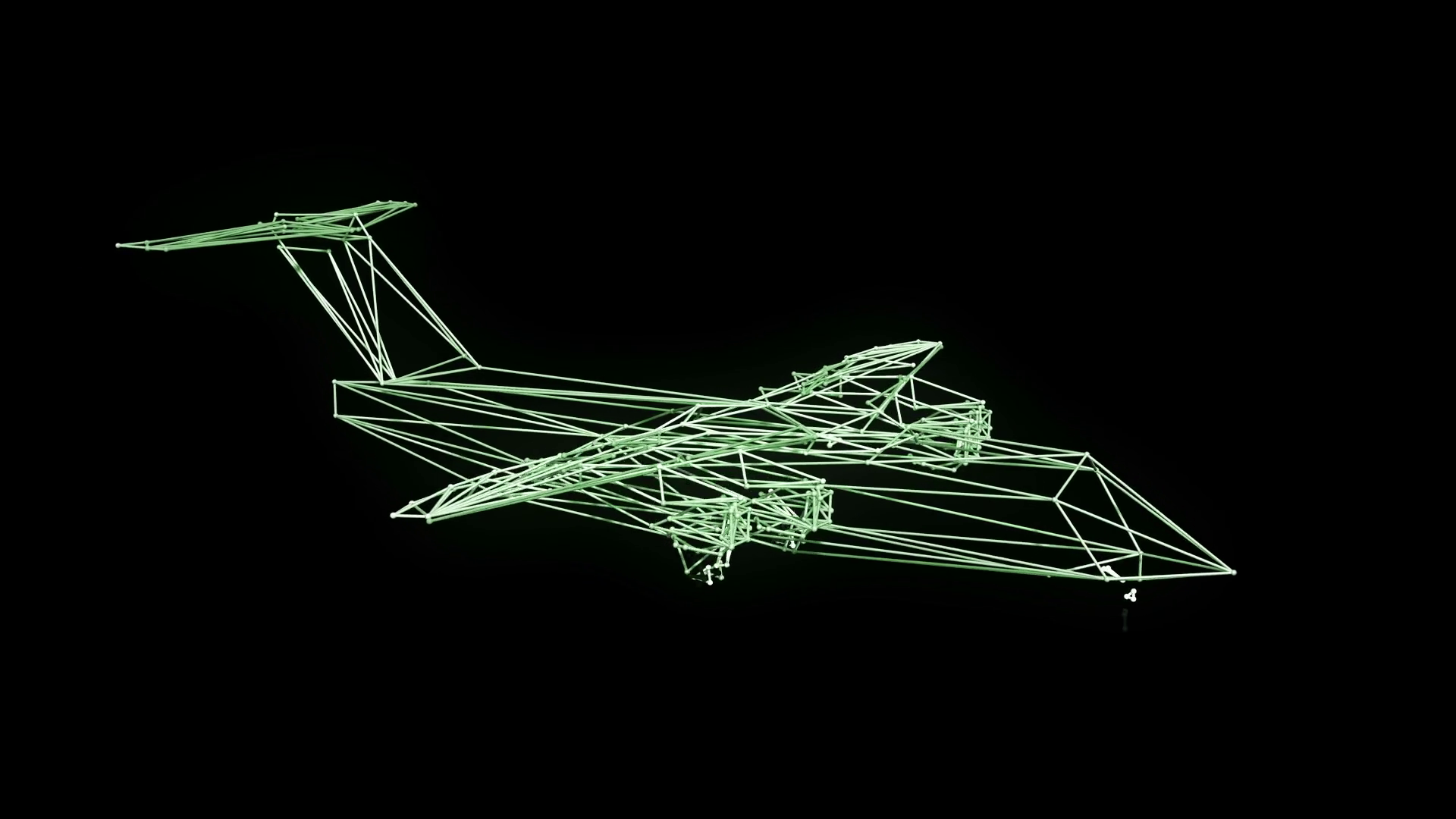 Airplane wire frame model isolated on black 3D Rendering Motion