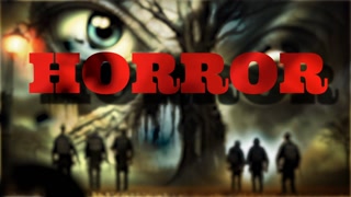 Dynamic Red "HORROR" Title Animation Against a Spooky Background with Silhouetted Figures