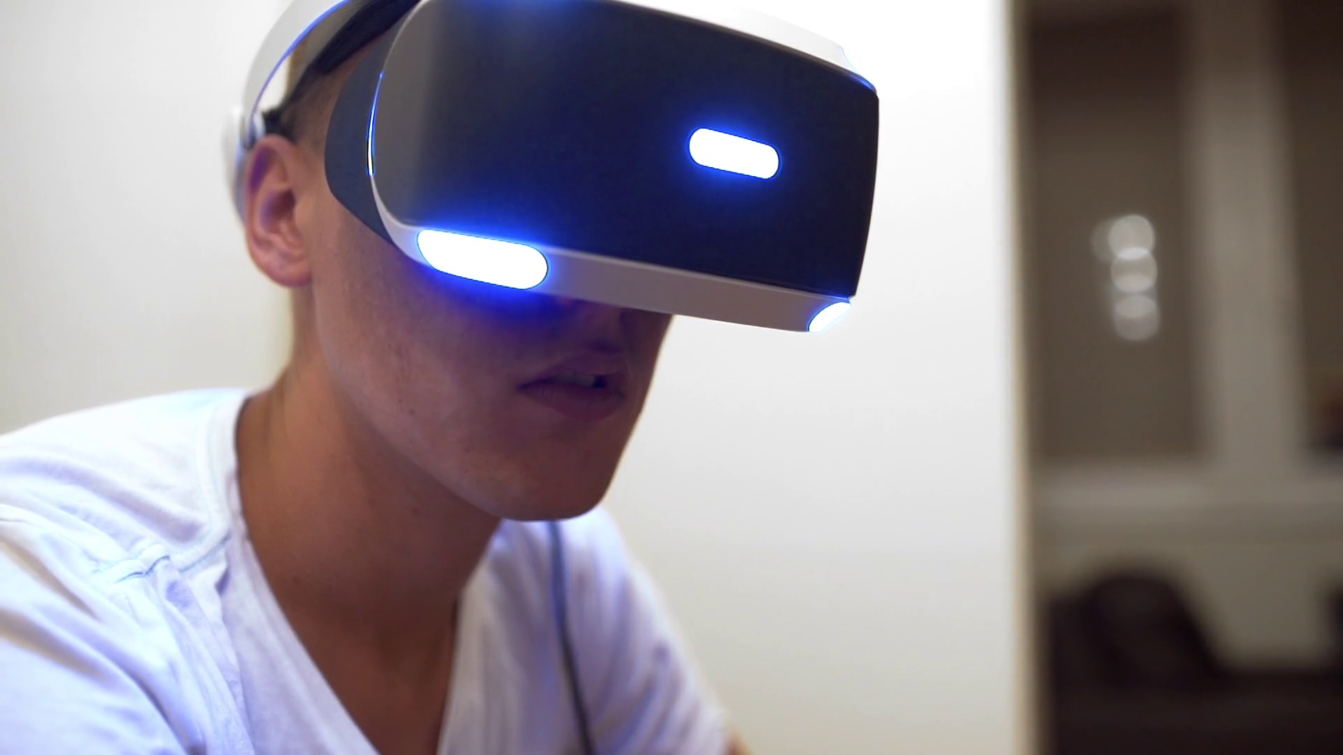 Man plays video game in VR system, virtual reality headset, 3d reality