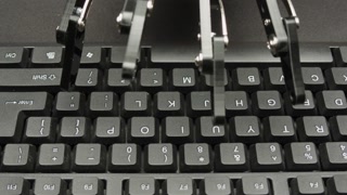 Robot ai hand working on pc laptop, Chatbot and chat robot advisor. Futuristic ai hand typing on keyboard, pressingoffice work, enterprise