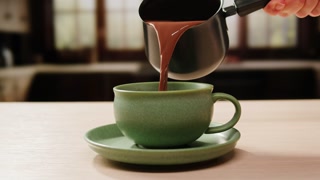 Making cocoa cacao hot chocolate with marshmallows. Man takes a spoon and mixing milk with cocoa powder.