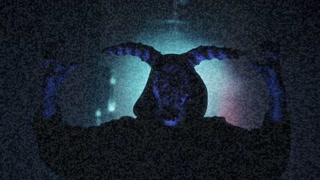 Old tv screen showing devil with glitch effect close-up. Exorcist with horns putting hands up, standing in dark corridor, horror film concept. Haunted house movie, video clip with ghost.