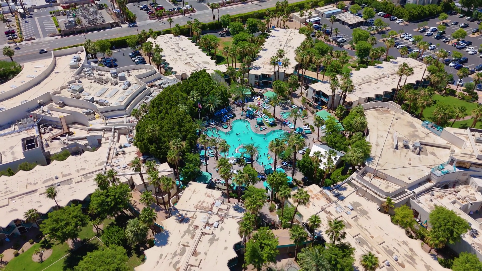 Aerial View Of Hotel Pool Complex In Palm Stock Footage SBV-352464448 ...