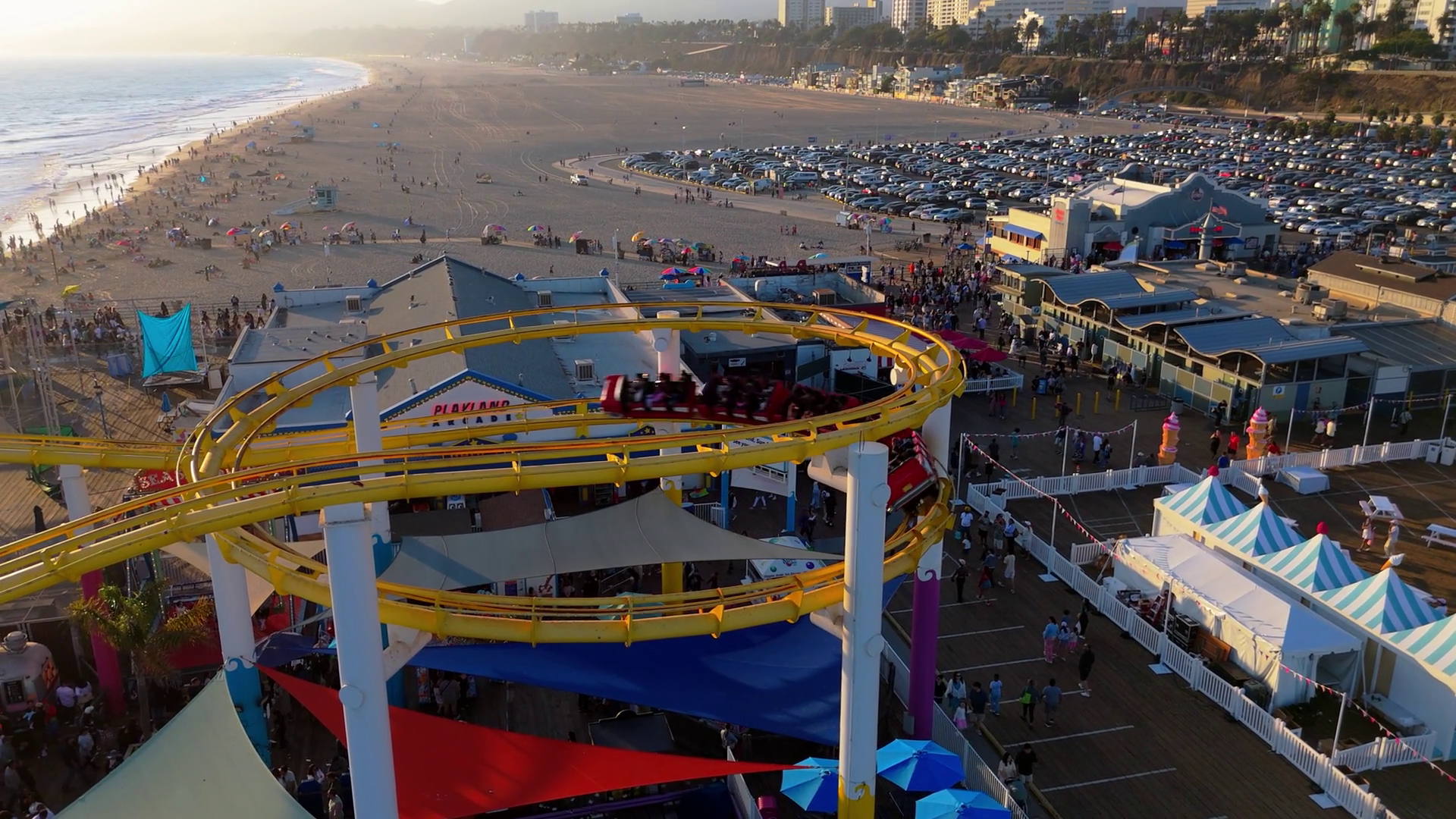 Santa Monica Pier Roller Coaster With People Stock Footage SBV ...