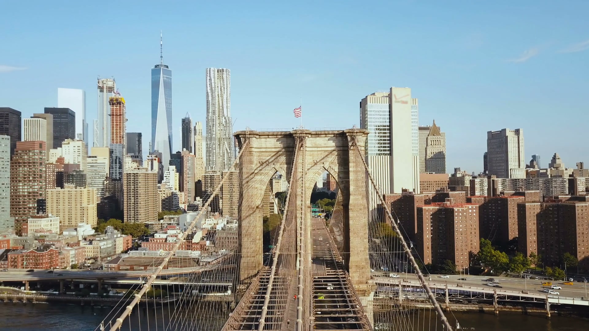Aerial View Of Brooklyn Bridge Through East Stock Footage SBV317586432
