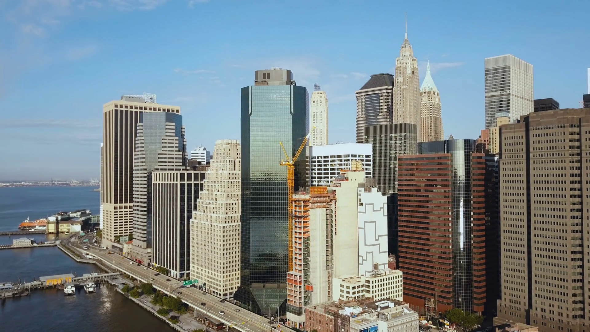 Aerial view of the New York, America. Drone flying over the skyscrapers