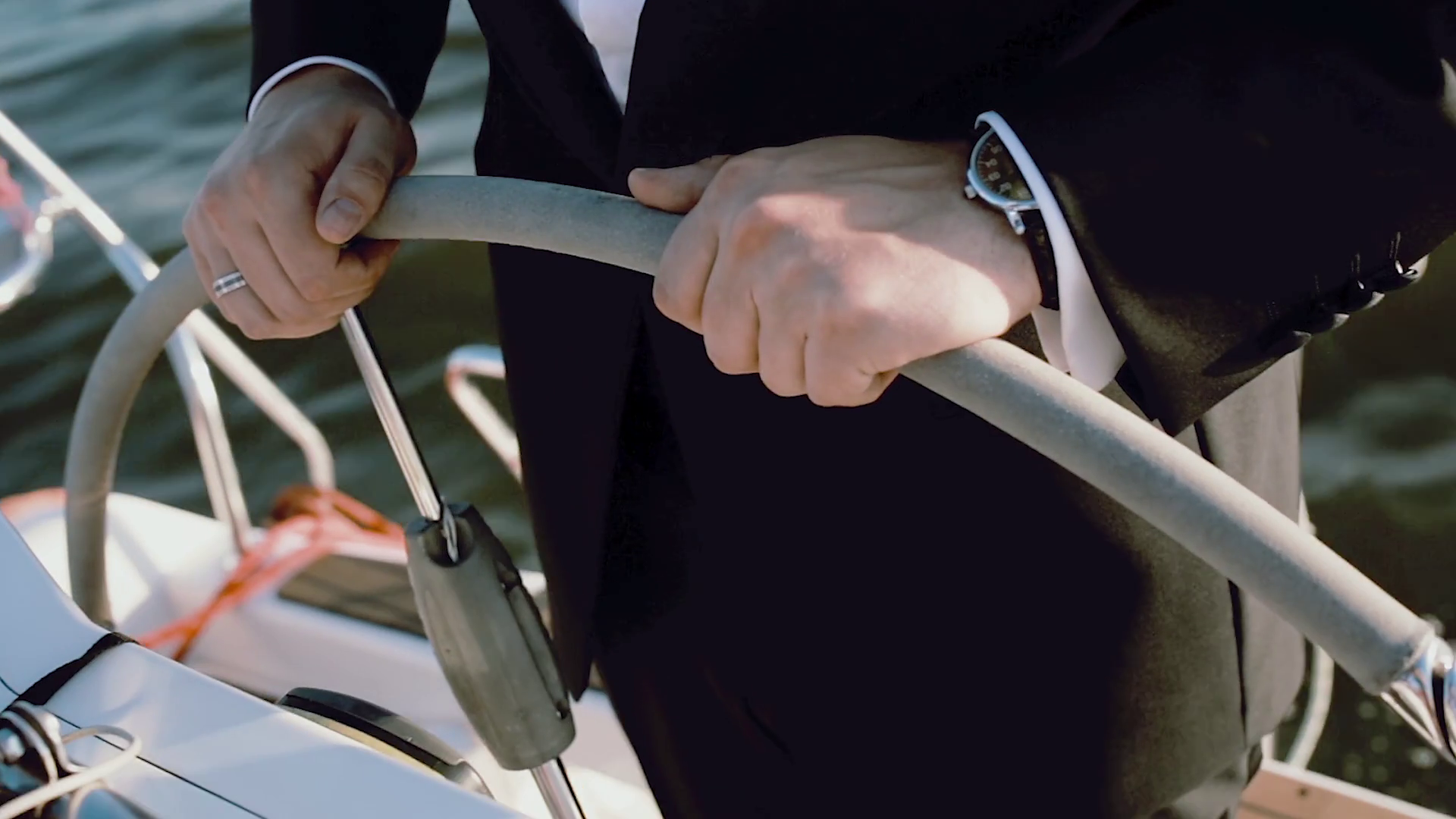 Businessman Standing Behind Steering Wheel Stock Footage SBV313814497