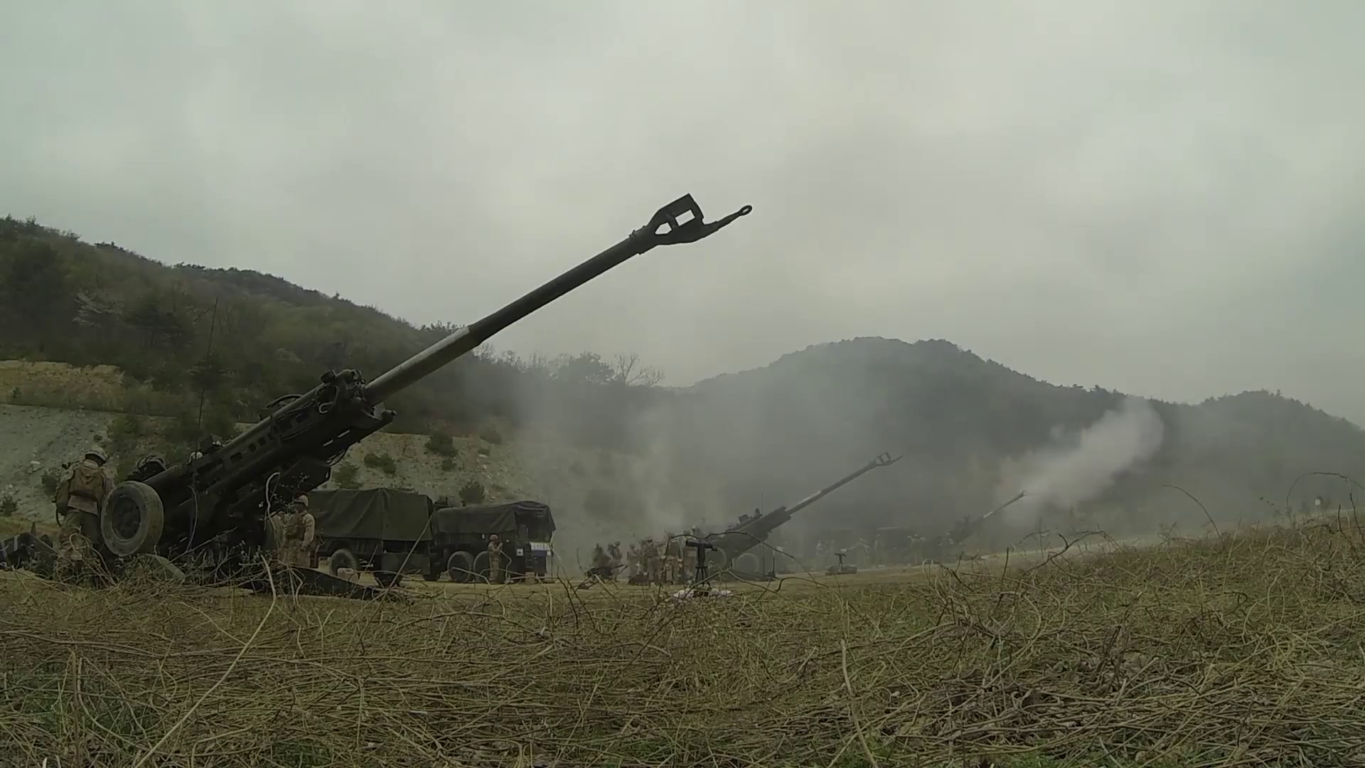 Artillery Gun Line Firing Effect At Ssang Stock Footage SBV301890319