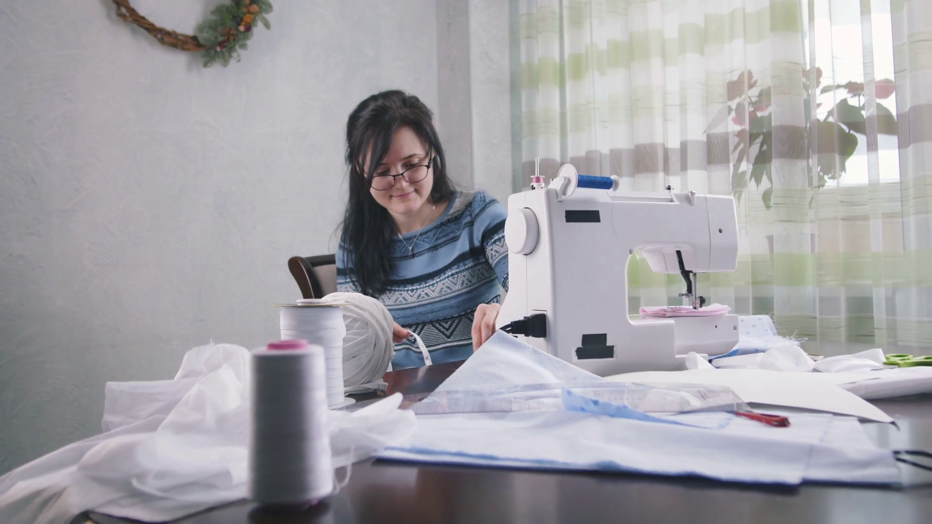 Attractive Female Sewing Machine Stock Footage SBV312722864