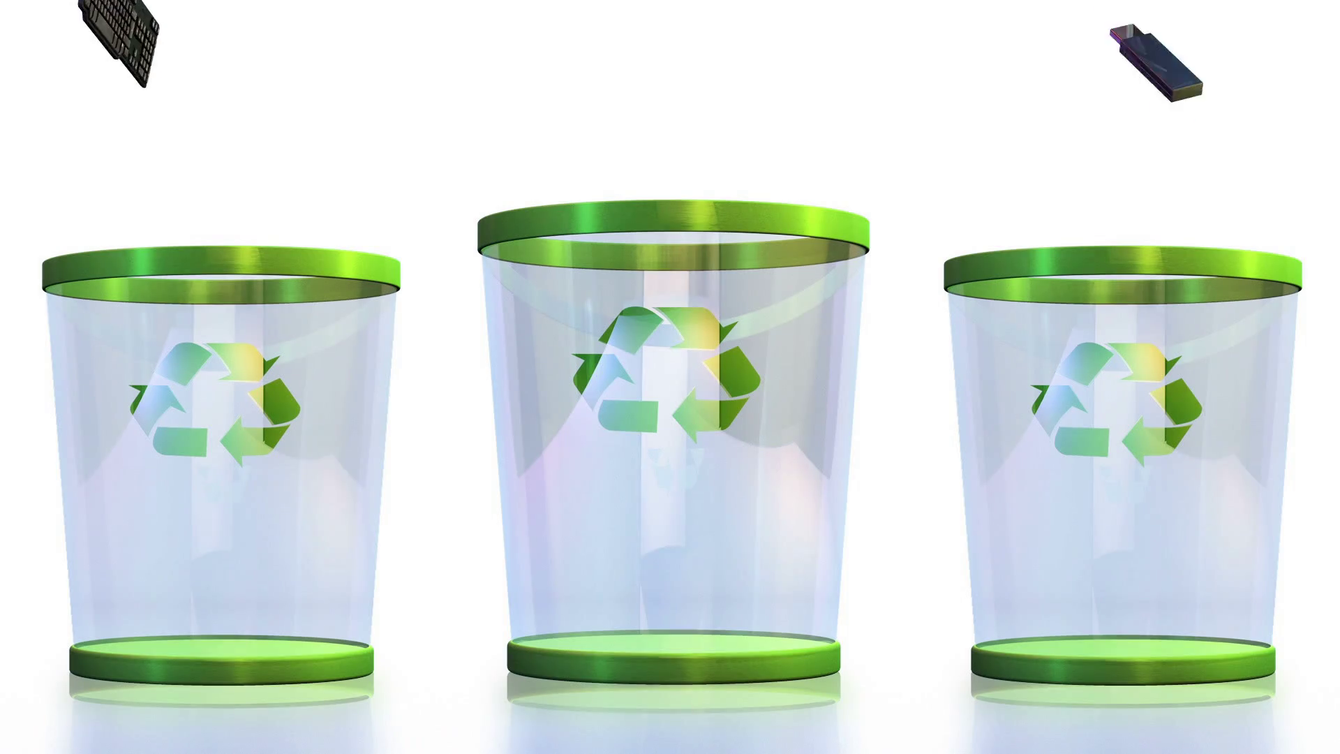 Recycle, Keyboards, USB, TV and Cameras falling into a Garbage Bin