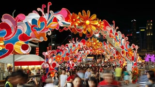 River Hongbao decorations for Chinese New Year celebrations at Marina Bay, Singapore, Asia, Time lapse