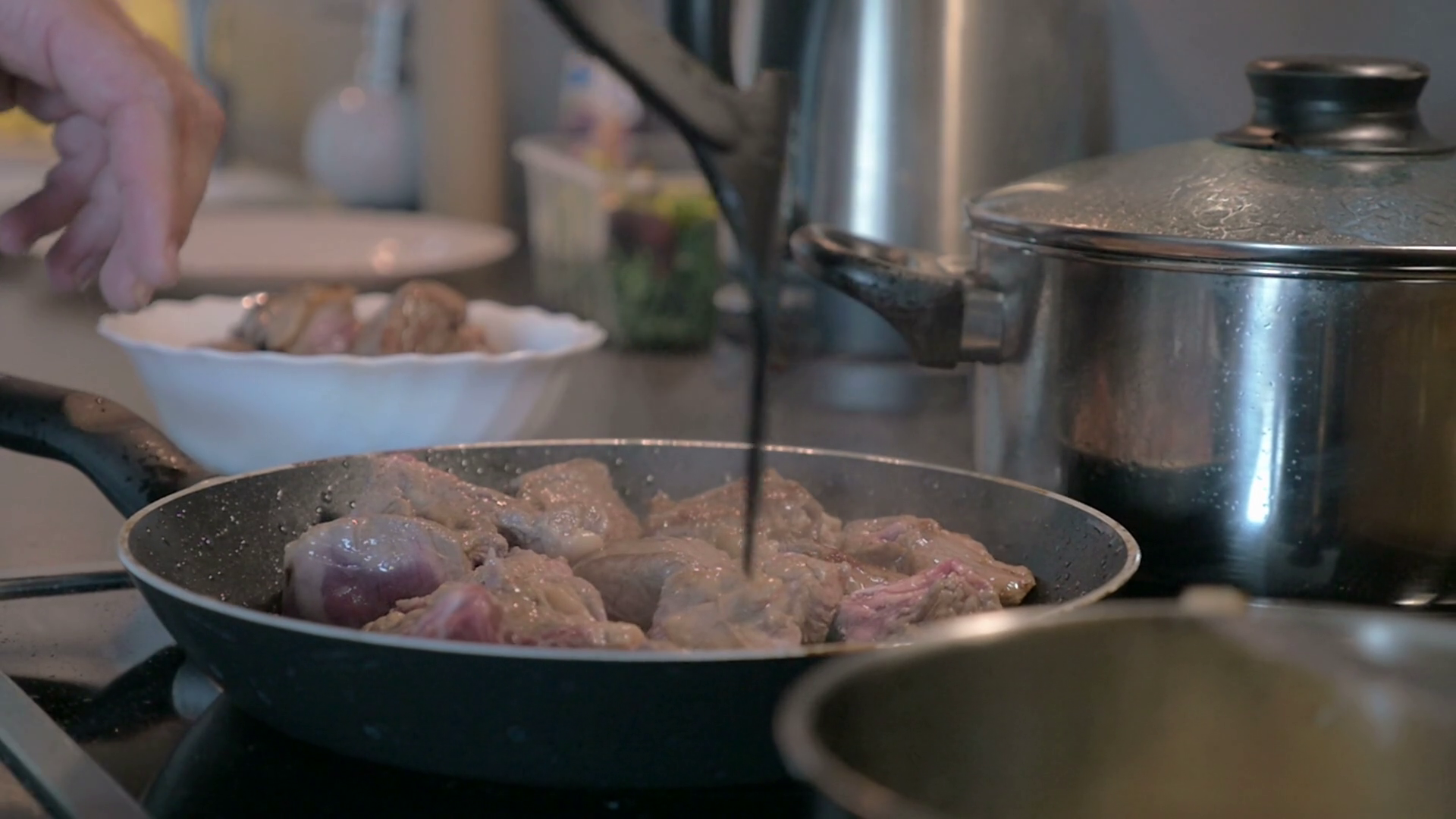 Slow Motion Shot Of Meat Frying In Frying Stock Footage SBV303431687
