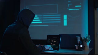 Anxious man in the contemporary office sitting and typing the laptop then he take of laptop and gone